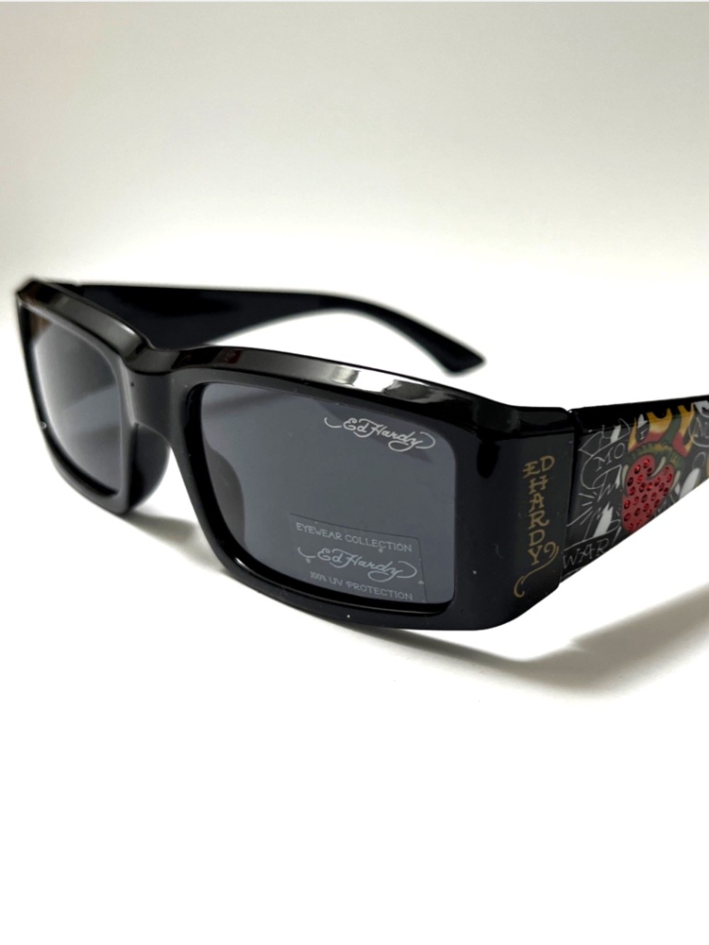 New ED HARDY Sunglasses Slim Rectangle Rhinestone Heart Acetate Black Tattoo